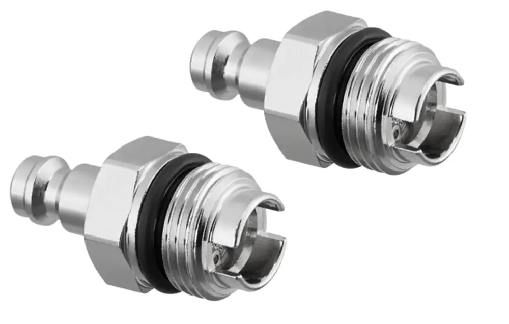 Oventrop Messventile mit Steckkupplungstechnik, aus verchromtem Metall, mit O-Ringen und Sieb, zur Verwendung in Verbindung mit bestimmten Oventrop Produkten.